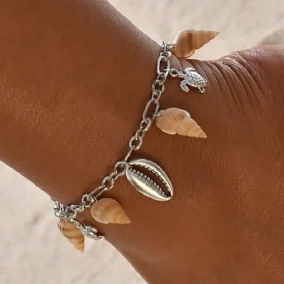 ⚡ 925 Silver Plated Turtle Starfish Sea Shell Conch Anklet, MARR9326 - Picture 3 of 6